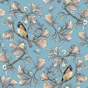 Flower birds | Pastel blue peach pink and yellow (Large scale)