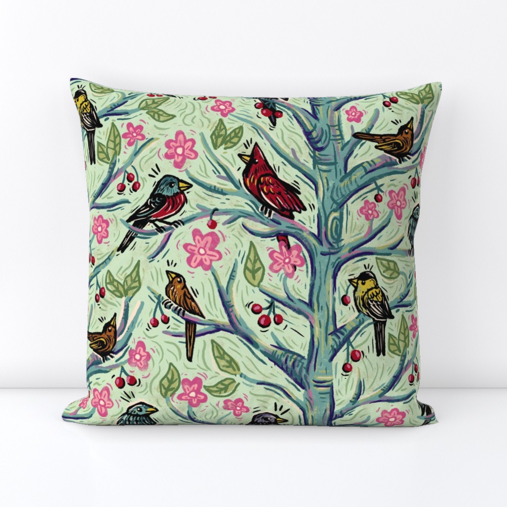 Flowering Cherries & Birdsong Woodcut | Spring Birds Trees, Painted, Painterly