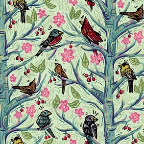 Flowering Cherries & Birdsong Woodcut | Spring Birds Trees, Painted, Painterly