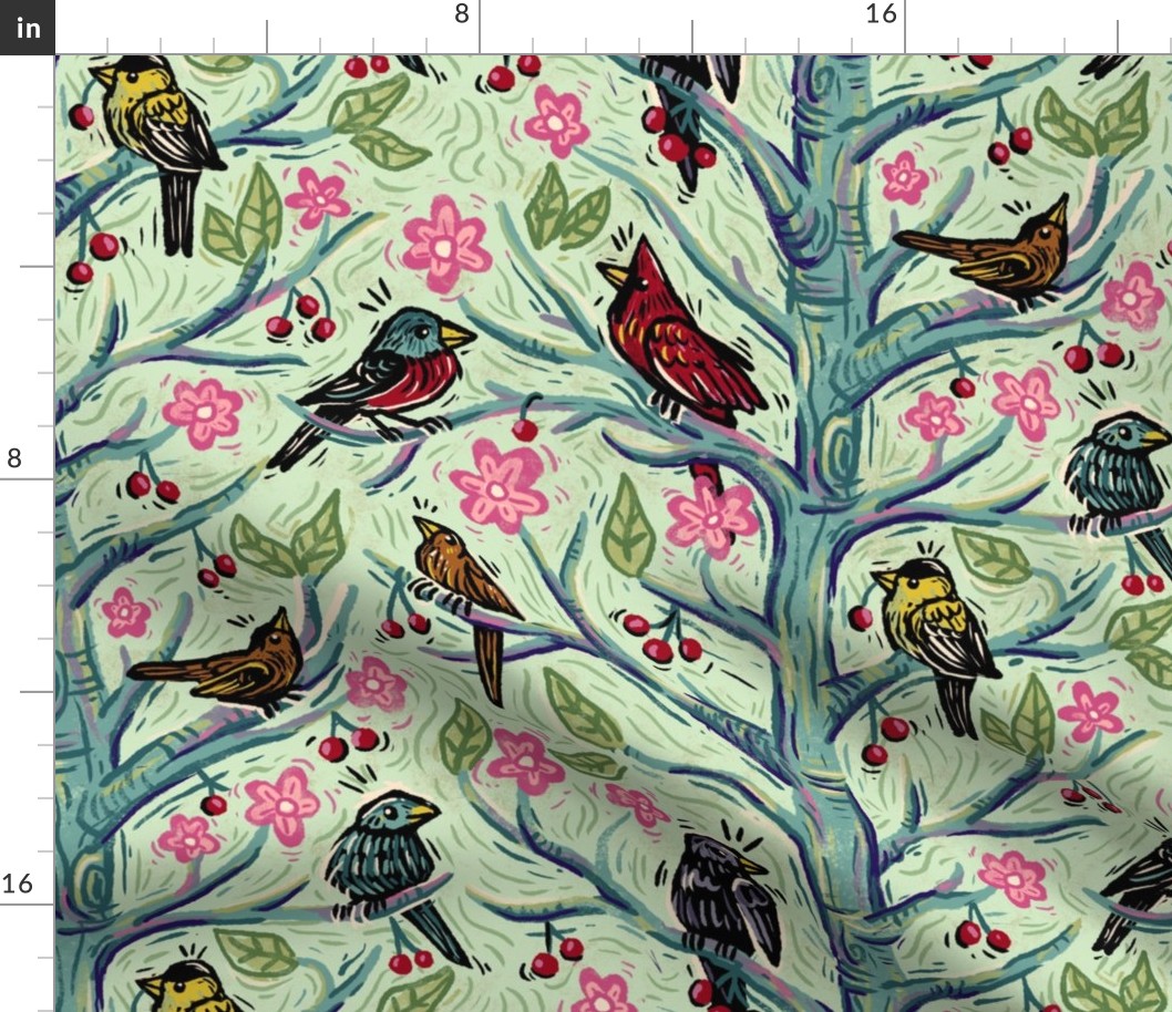 Flowering Cherries & Birdsong Woodcut | Spring Birds Trees, Painted, Painterly