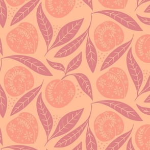 peach fuzz fruit leaves tea towel violet orange Peach Fuzz 