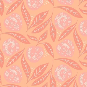 peach fuzz fruit leaves tea towel pink orange Peach Fuzz 