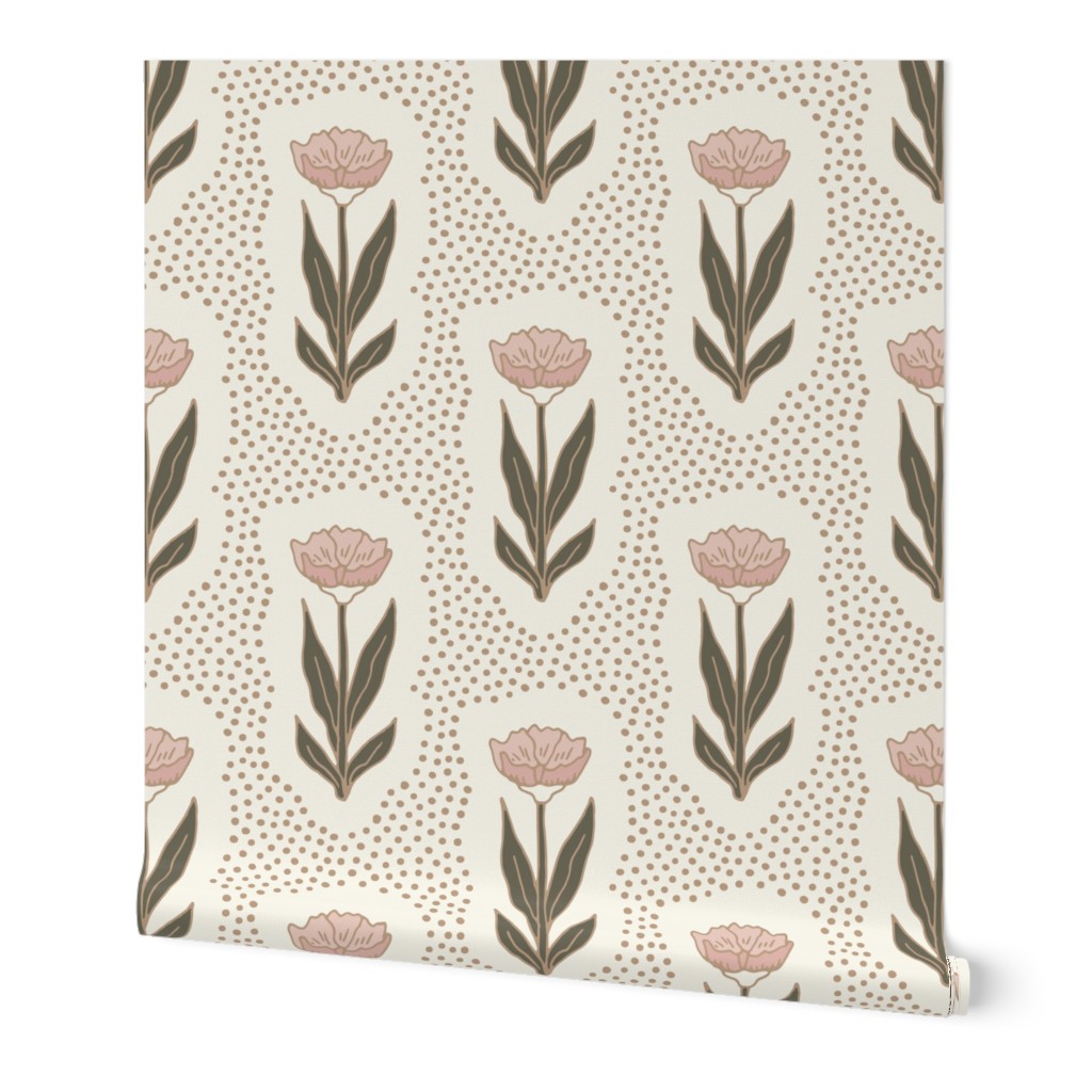 Blooming Tulips - Green and Brown - Large Scale