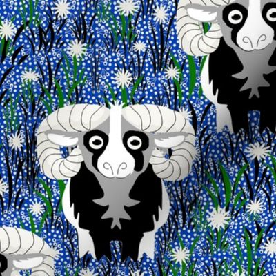 Black and White Horned Ram Sheep on Blue