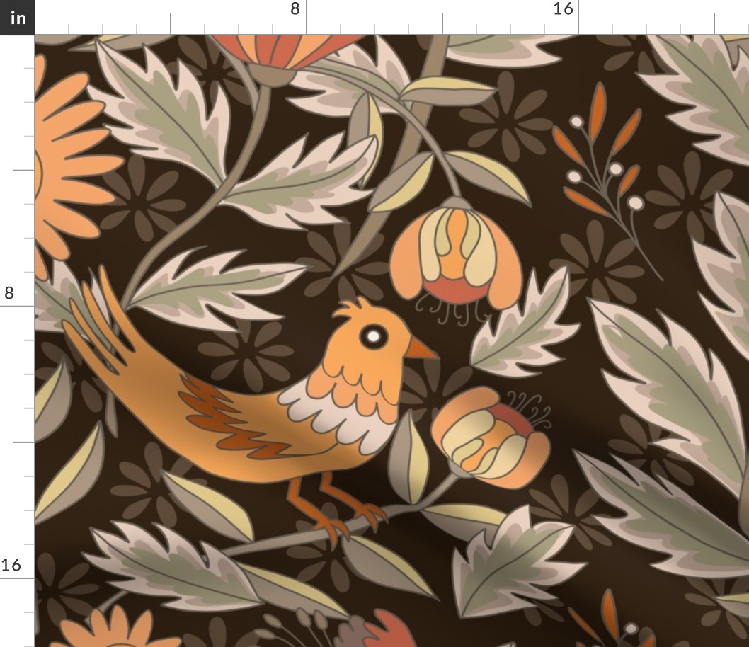 big// Birds chickens william morris cottage core style Brown and Orange