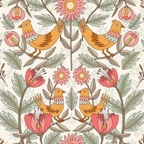 small// Birds chickens william morris cottage core style Yellow and sage