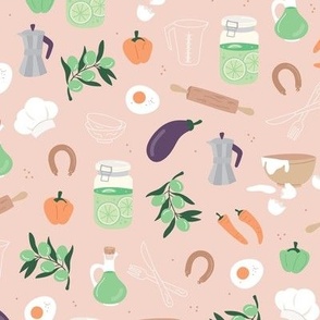 Mise en place ingredients - healthy kitchen cooking theme green orange on blush 