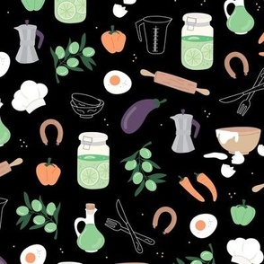 Mise en place ingredients - healthy kitchen cooking theme green orange on black 