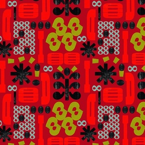 Digits & Blocks, Urban Chic Textile, Modern Blockprinting on Red, L