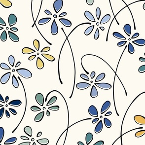 blue and green and yellow doodle flowers - hand-drawn flower - floral fabric and wallpaper