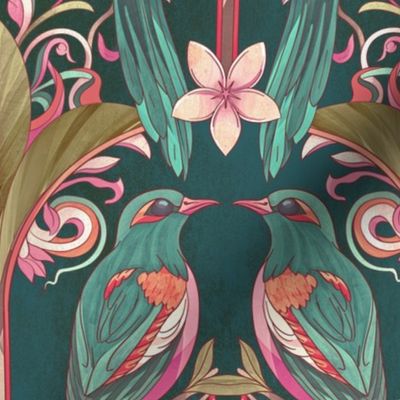 Myna Birds in Palms - Art Nouveau amazonite