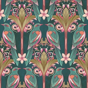 Myna Birds in Palms - Art Nouveau amazonite