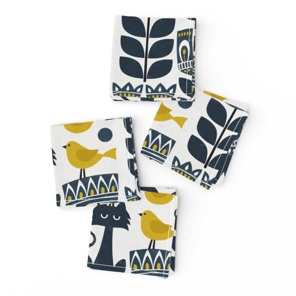 Scandinavian folk block prints - cat, birds and flowers - navy blue and golden yellow (large)
