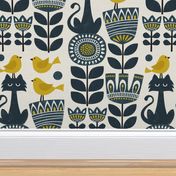 Scandinavian folk block prints - cat, birds and flowers - navy blue and golden yellow (large)
