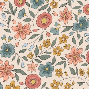 Jumbo – block print-inspired ditsy floral  – peachy, pink, mustard yellow