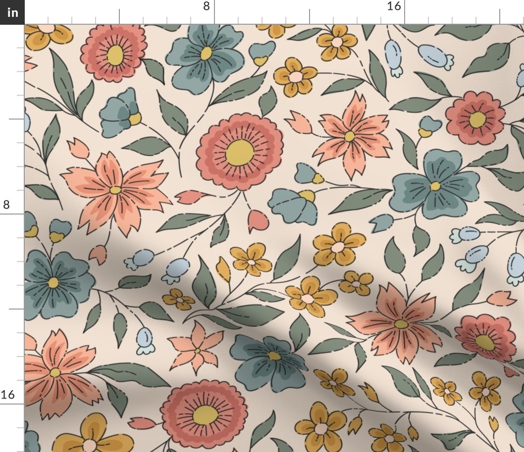 Jumbo – block print-inspired ditsy floral  – peachy, pink, mustard yellow