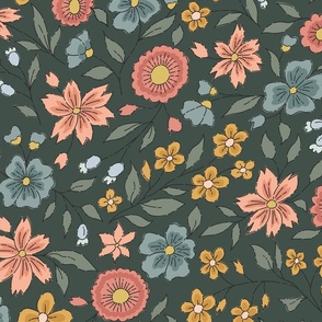 Jumbo – block print-inspired ditsy floral  – peachy, pink, dark green