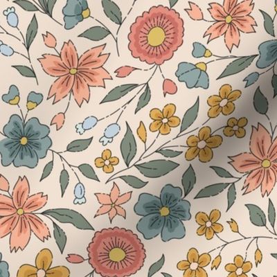 Large – block print-inspired ditsy floral  – peachy, pink, mustard yellow