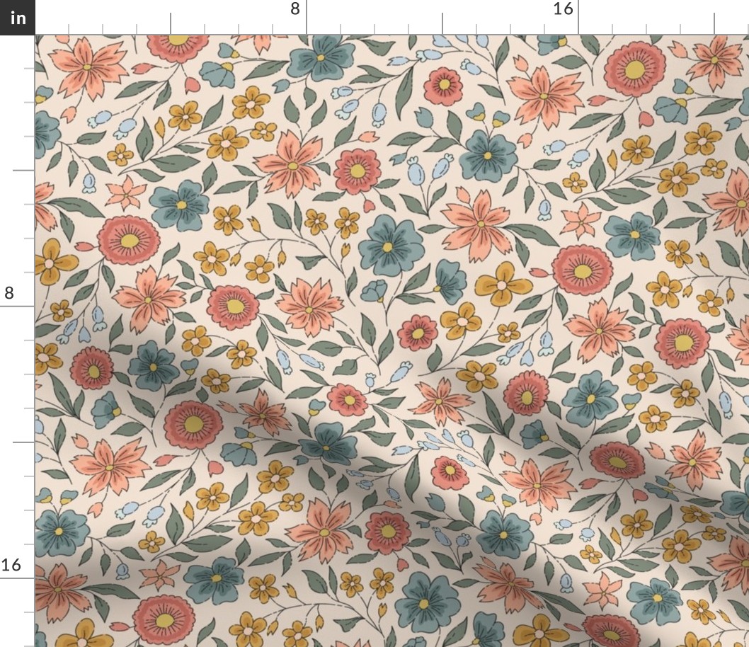 Large – block print-inspired ditsy floral  – peachy, pink, mustard yellow