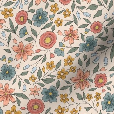 9x9in – block print-inspired ditsy floral  – peachy, pink, mustard yellow