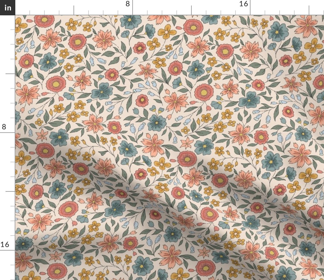 9x9in – block print-inspired ditsy floral  – peachy, pink, mustard yellow