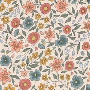 Medium – block print-inspired ditsy floral  – peachy, pink, mustard yellow