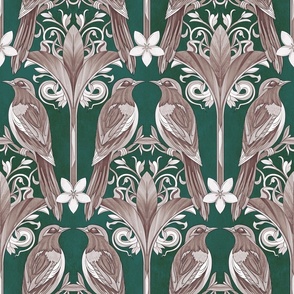 Myna Birds in Palms - monochrome on emerald