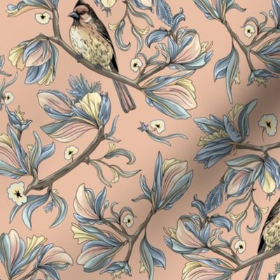 Flower birds | Peach pink pastel blue and yellow (Medium scale)