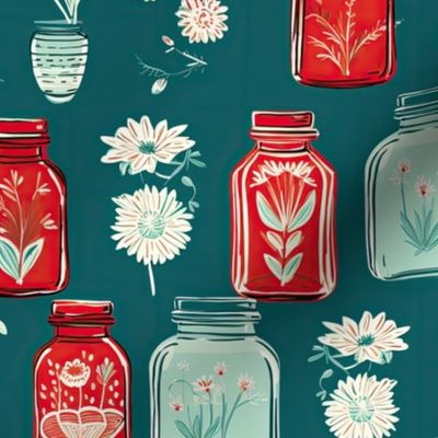Kitchen Bloom: Vintage Mason Jars in Seamless Floral Pattern