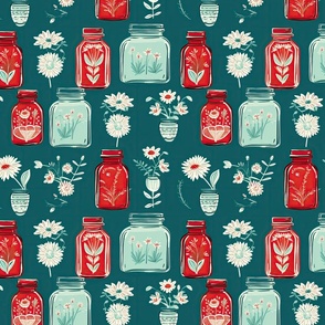 Kitchen Bloom: Vintage Mason Jars in Seamless Floral Pattern