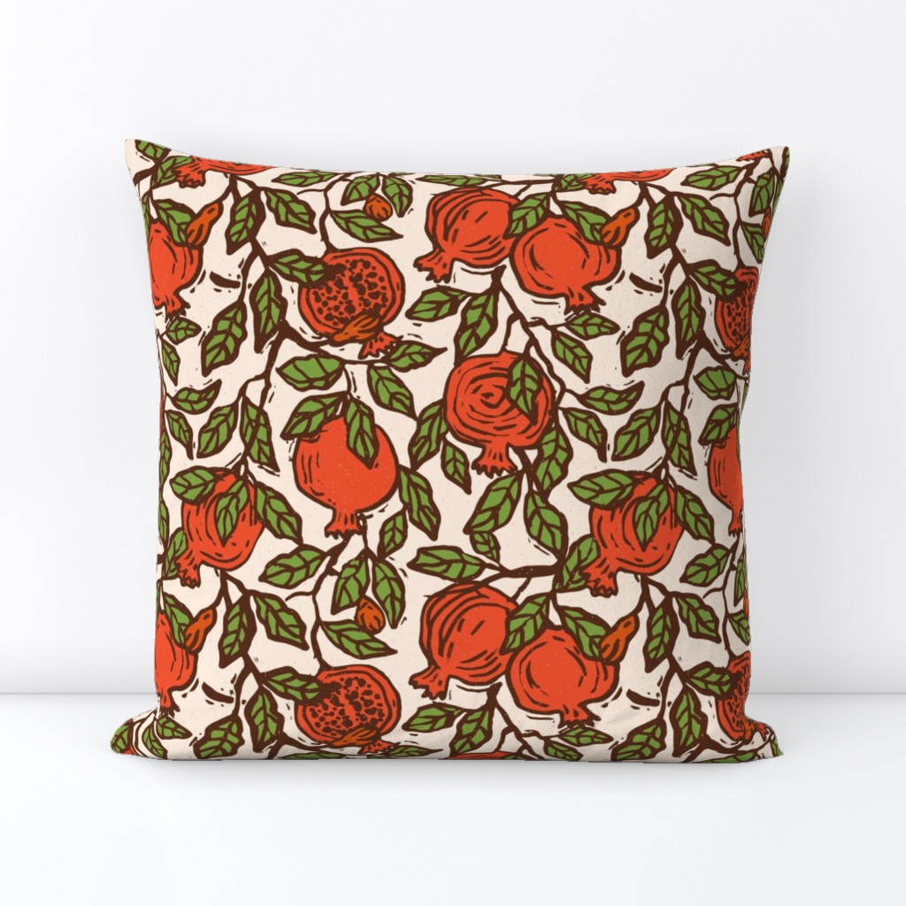 Pomegranate Branches Block Print in Red and Green on Creme White Background