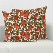 Pomegranate Branches Block Print in Red and Green on Creme White Background