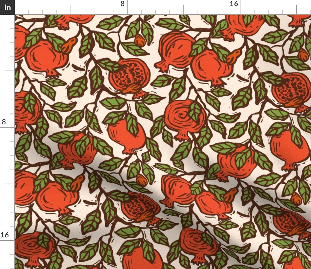 Pomegranate Branches Block Print in Red and Green on Creme White Background