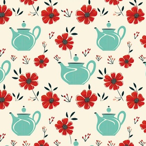Harmonious Brew: Turquoise Teapot Pattern with Floral Blooms