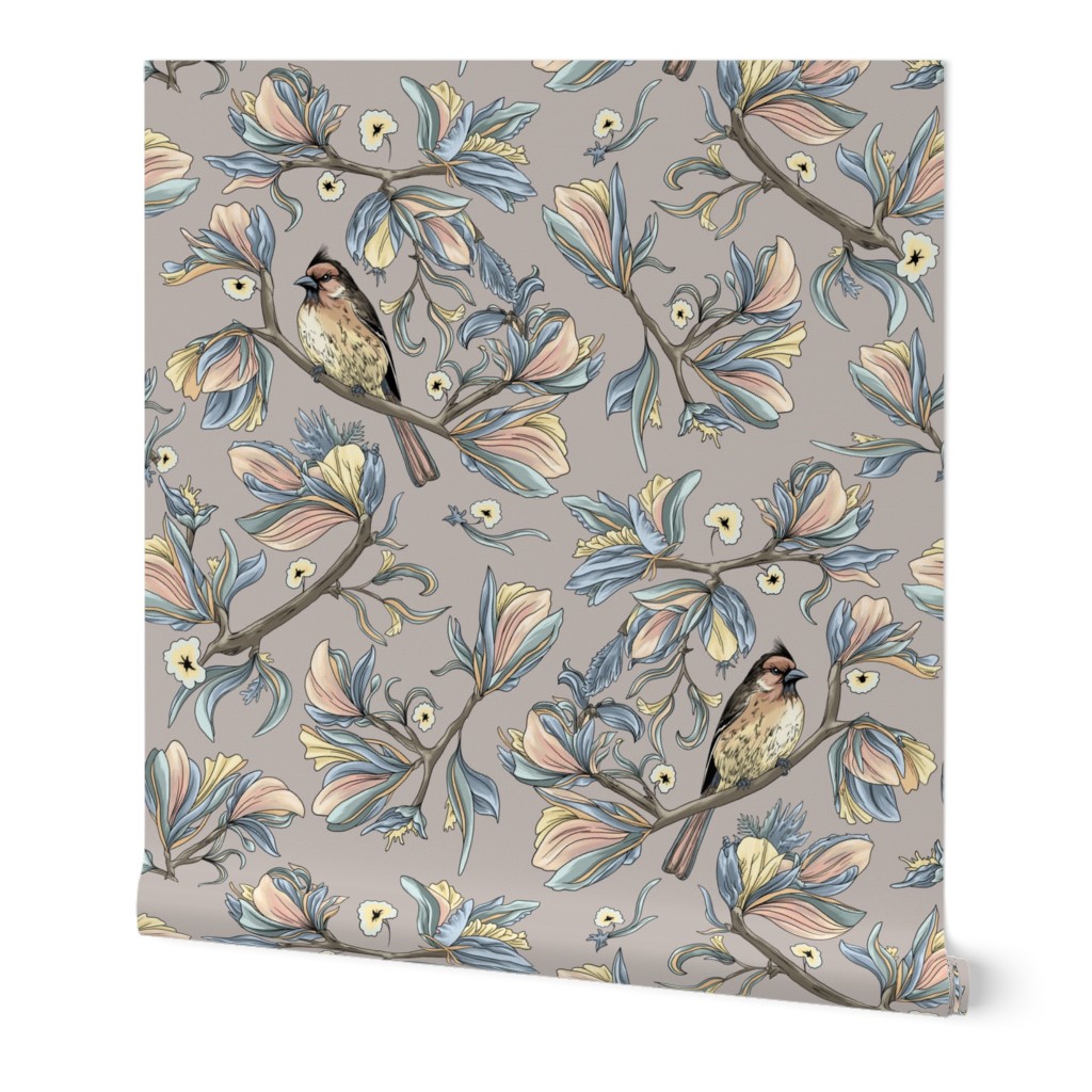 Flower birds | Pastel pink blue grey and yellow (Large scale)