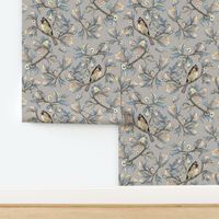 Flower birds | Pastel pink blue grey and yellow (Large scale)