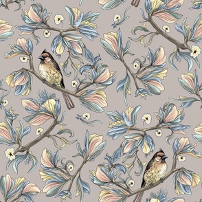 Flower birds | Pastel pink blue grey and yellow (Large scale)