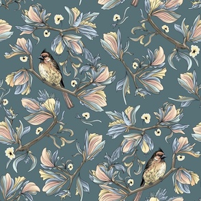 Silk flower birds | Stormy dark grey blue with light grey and pink (Large scale)