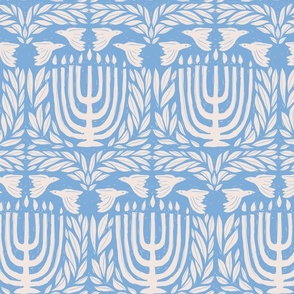 Hanukkah Block Print with Menorah and Doves, Ivory On Pale Light Blue