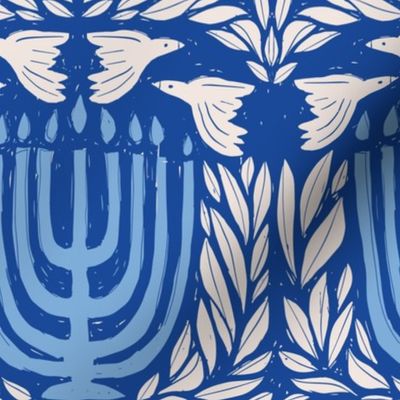 Hanukkah Block Print with Menorah and Doves, Bright Blue and Ivory On Royal Blue