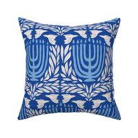 Hanukkah Block Print with Menorah and Doves, Bright Blue and Ivory On Royal Blue