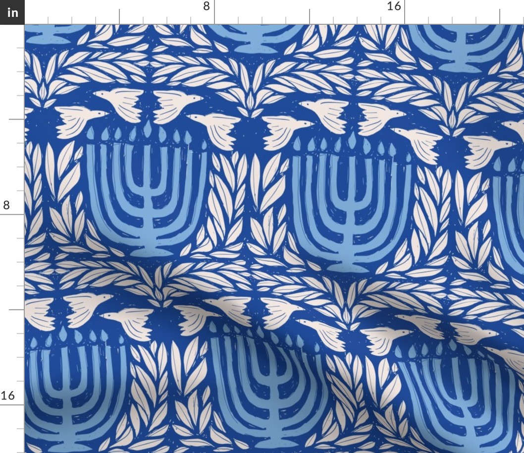 Hanukkah Block Print with Menorah and Doves, Bright Blue and Ivory On Royal Blue