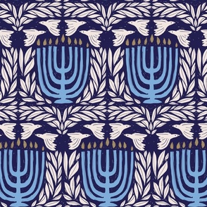 Hanukkah Block Print with Menorah and Doves, Bright Blue and Ivory On Navy Blue