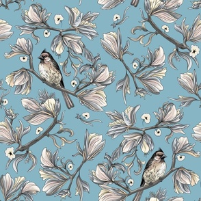 Silk flower birds | Vintage monochrome light grey and blue (Large scale)