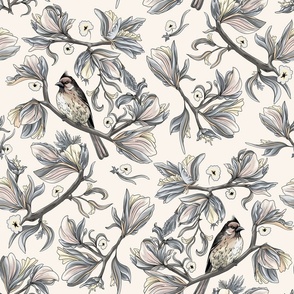 Silk flower birds | Vintage monochrome cream grey and vanilla pink (Large scale)