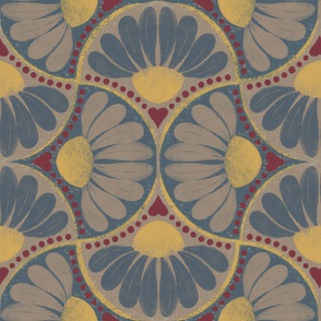 Block Print-Inspired Blue Yellow Red Blush Pink Coneflowers