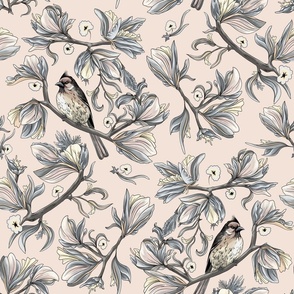 Flower birds | Vintage monochrome pinkish grey and light pink (Large scale)