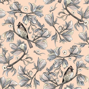 Flower birds | Vintage monochrome pinkish grey and peach pink (Large scale)