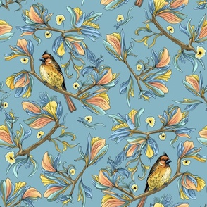 Flower birds | Light blue yellow and peach pink (Large scale)