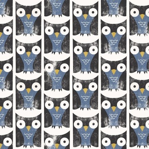 Mid Mod Birds, Retro Owl - Block Print Inspired, Black, Blue and Yellow